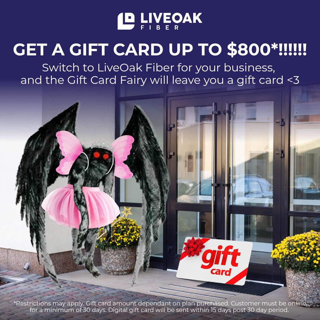 LiveOak Fiber ad: Fairy Mothman business gift cards