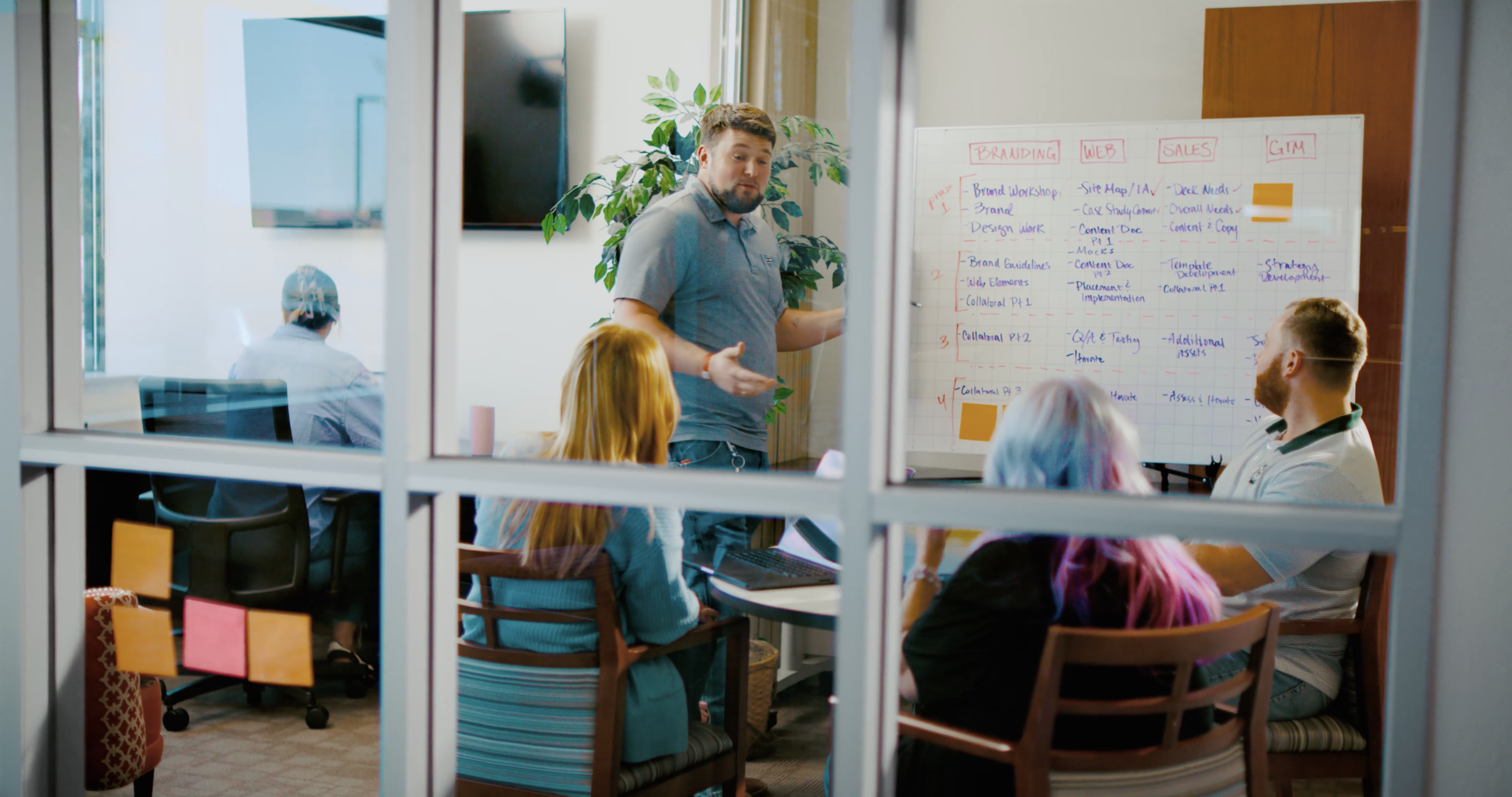 The Pidoxa team planning a project around a whiteboard