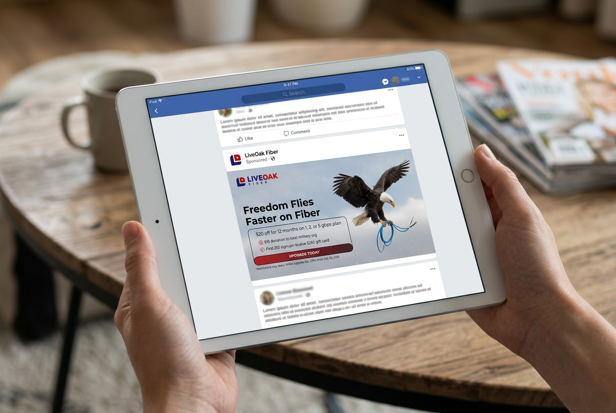 LiveOak Fiber Facebook ad: Freedom Flies Faster on Fiber