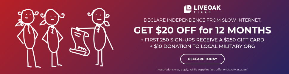LiveOak Fiber banner ad: Declare independence from slow internet, $20 off for 12 months