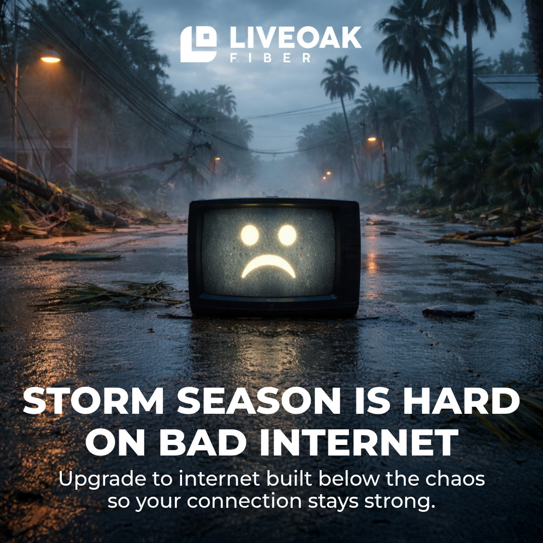 LiveOak Fiber ad: Storm season is hard on bad internet